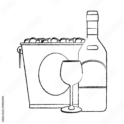 grunge wine bottle with glass and metallic bucket