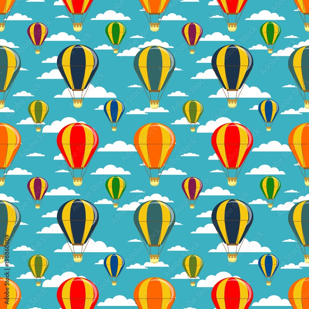 Different colorful air balloons seamless pattern. Stock flat vector illustration.