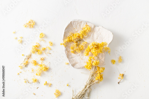 The dried herb Helichrysum on a white table