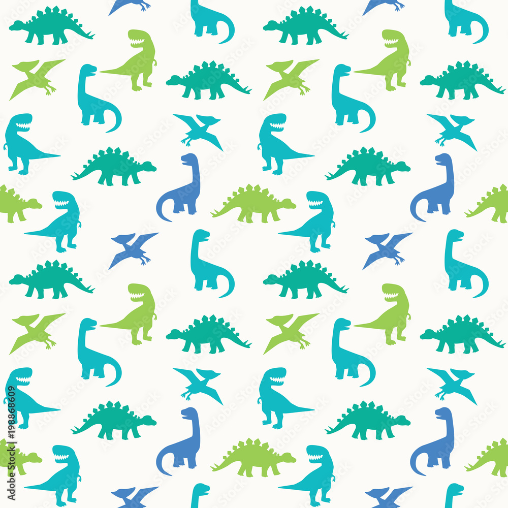 Fotografie Blue Green Dinosaur Silhouette Seamless Pattern Vector Illustration