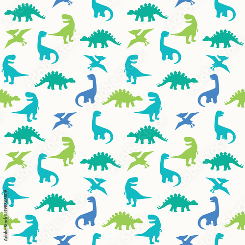 Blue Green Dinosaur Silhouette Seamless Pattern Vector Illustration