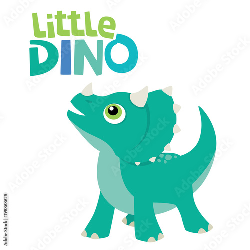 Cute Little Baby Triceratops Dinosaur Looking Up with Little Dino Lettering Vector Illustration Isolated on White