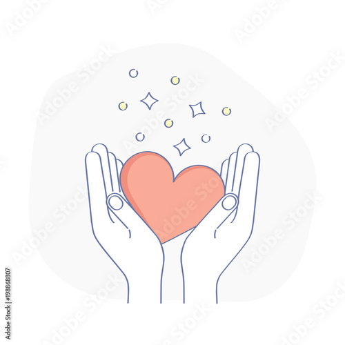 Hands holding red heart, receive or accept love, kindness, care, help, donation or hope. Charity, philanthropy, volunteering or assistance vector icon. Modern line design concept.