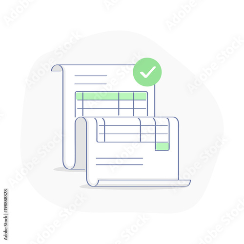 Invoice concept, bill illustration, commercial payment document. Approved transaction form sheet, billing concept. Modern light vector icon design.