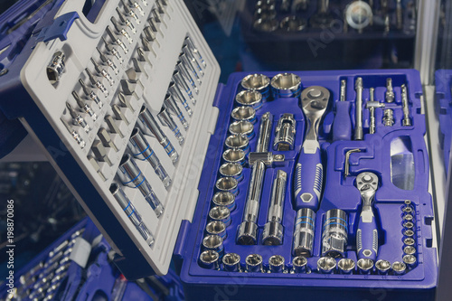 Universal set of tools for repairing cars on the store counter. Industry