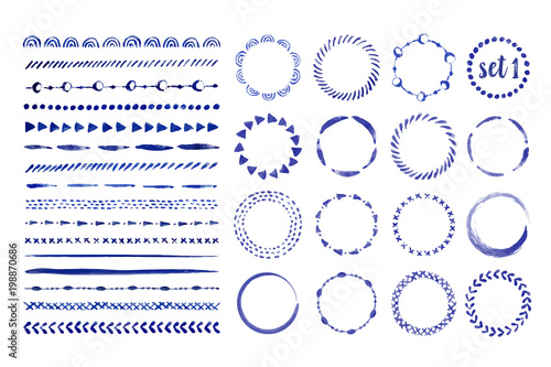 Set of seamless handdrawn watercolor brushes and frames with different patterns. Vector illustration.