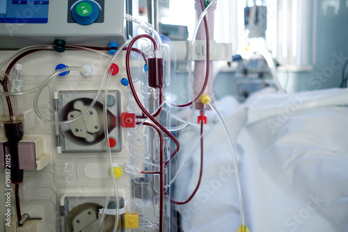 intensive care emergency room with hemodialysis machine (or hemofiltration procedure), patient in critical stance