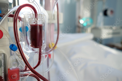 intensive care emergency room with hemodialysis machine (or hemofiltration procedure) close up