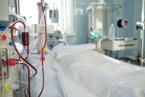 intensive care emergency room with hemodialysis machine (or hemofiltration procedure) close up