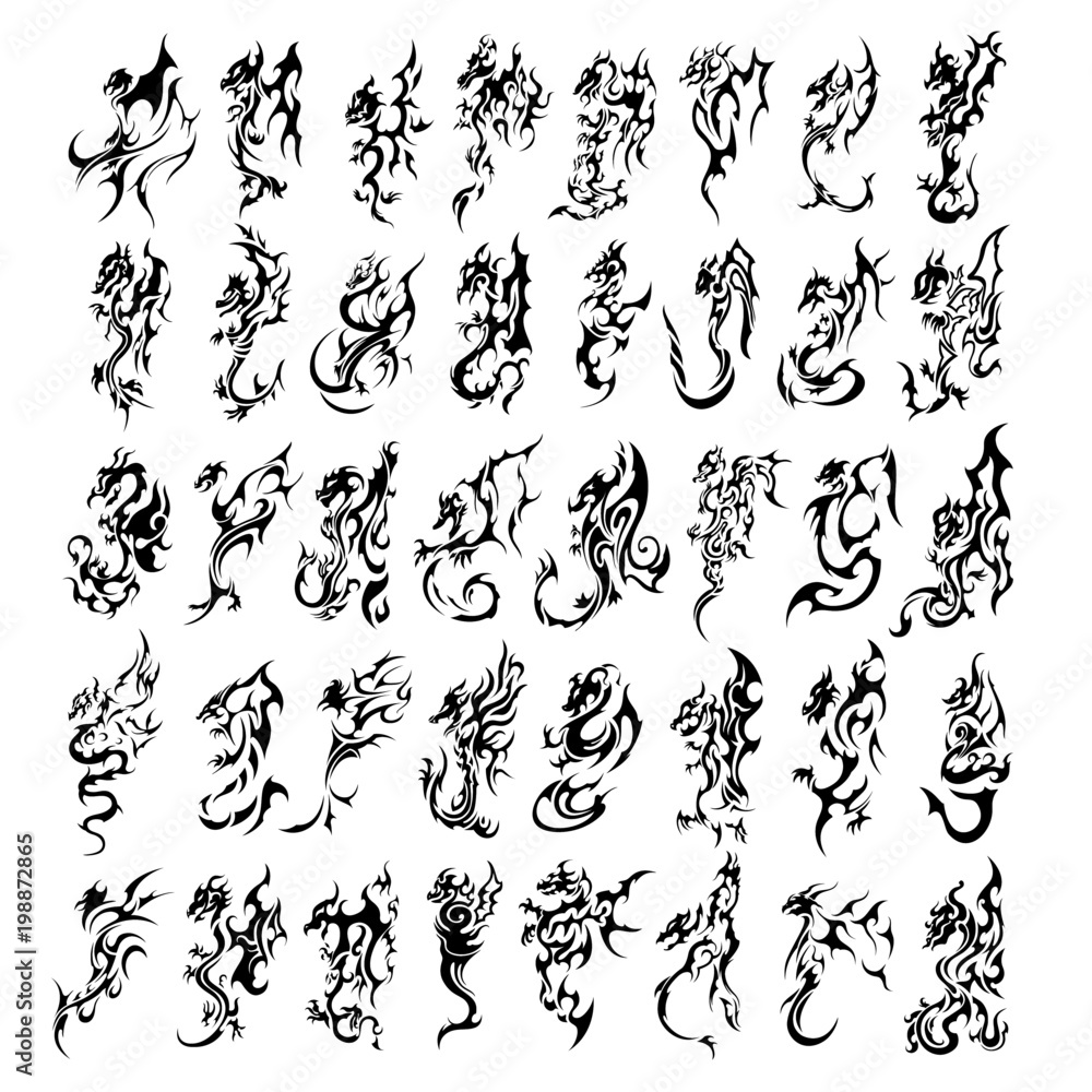 Obraz premium chinese sacred mythology ancient dragons east style celtic tattoos big set