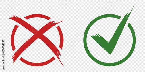 Acceptance and rejection symbol vector buttons for vote, election choice. Circle brush stroke borders. Symbolic OK and X icon isolated on white.Tick and cross signs, checkmarks design.