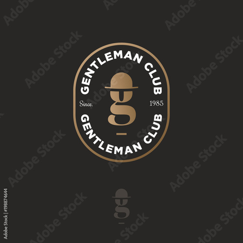 Gentleman club logo. Gold letter g in a hat-bowler. Male club emblem. Barbershop or beer pub.