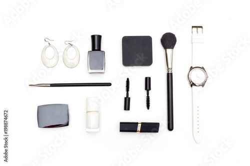 Cosmetics and accessories black and white on a white background. Styled image