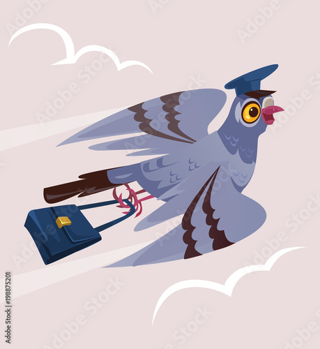 Happy smiling dove pigeon bird postman courier character bring deliver letter mail correspondence message. Delivery communication postage service transportation email