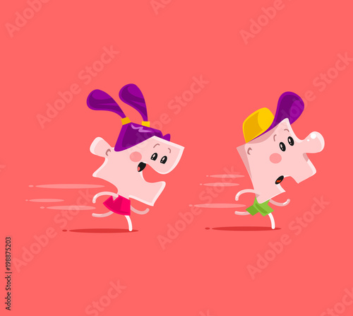Happy smiling in love puzzle piece woman girl character go after chasing puzzle piece man boy run away. Relationship difficulties problem concept. Vector flat cartoon isolated illustration