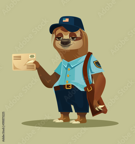 Happy smiling lazy sloth postman animal character mascot postman courier character bring deliver holding letter mail correspondence message. Delivery communication postage service transportation email