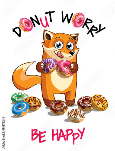 Fototapeta Naklejka Na Ścianę i Meble -  Vector illustration of cartoon fox with donuts.
