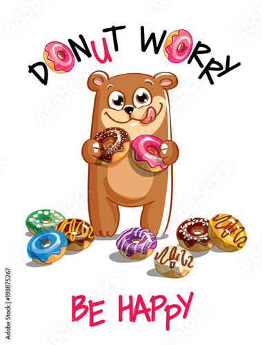 Fototapeta Naklejka Na Ścianę i Meble -  Vector illustration of cartoon bear with donuts.