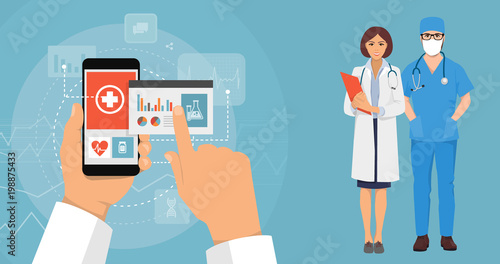 hand and smartphone doctor with the Internet for the design concept, medical new technology of the future, online registration at the hospital, people from the hospital, doctor and nurse