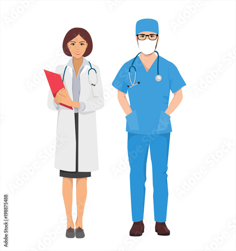 people from hospital, medical staff, doctor in mask or surgeon and nurse, isolated vector characters
