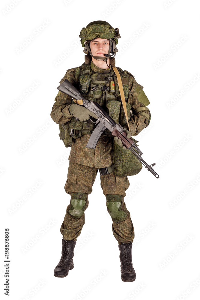 russian special forces soldier with rifle on dark background. army, military and people concept russian special forces soldier with rifle on dark background. army, military and people concept