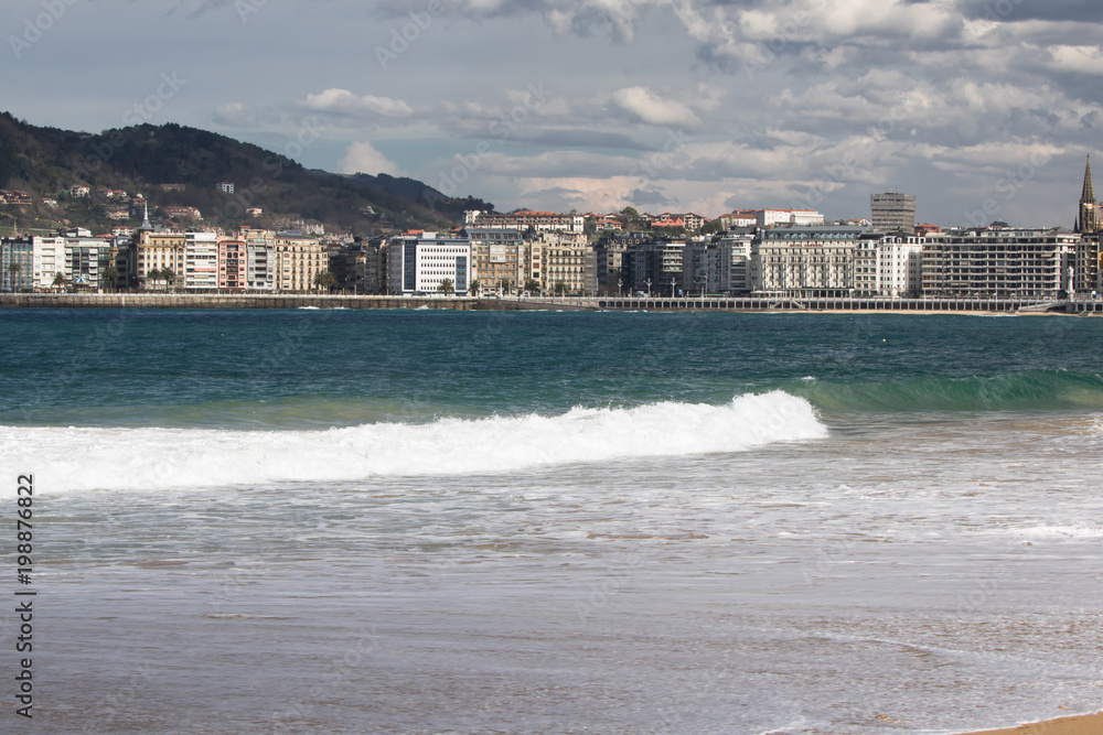 beautiful city of san sebastian, view from sandy beach of la concha bay, basque country, france