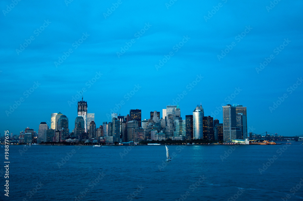 View of New York City from the sea, blue hour