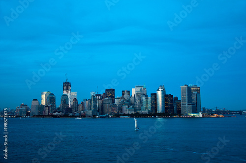 View of New York City from the sea  blue hour