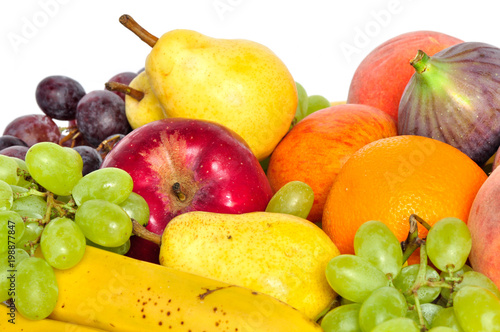 Many different fruits on white background