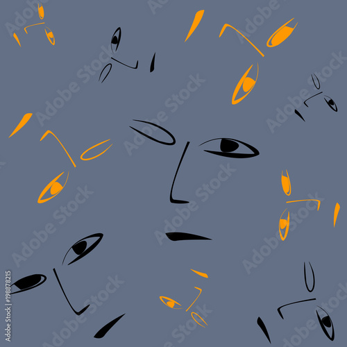 Abstract seamless pattern of faces on dark background cartoon style vector illustration