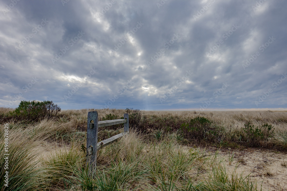Weathered fence sits alone at the edge of the grasses and dunes of Chapaqquidick island on Martha's vineyard