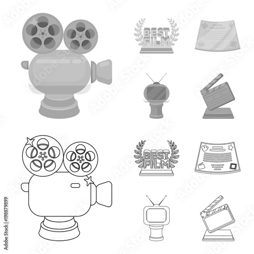 Silver camera. A bronze prize in the form of a TV and other types of prizes.Movie award,sset collection icons in outline,monochrome style vector symbol stock illustration web. photo