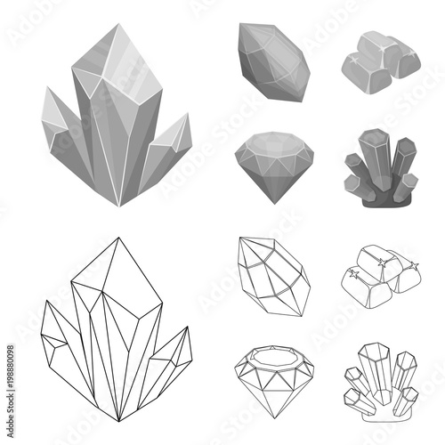 Crystals, minerals, gold bars. Precious minerals and jeweler set collection icons in outline,monochrome style vector symbol stock illustration web.