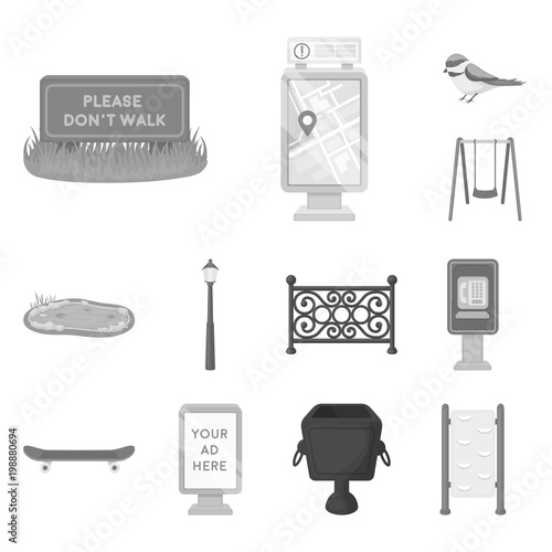Park, equipment monochrome icons in set collection for design. Walking and rest vector symbol stock web illustration.