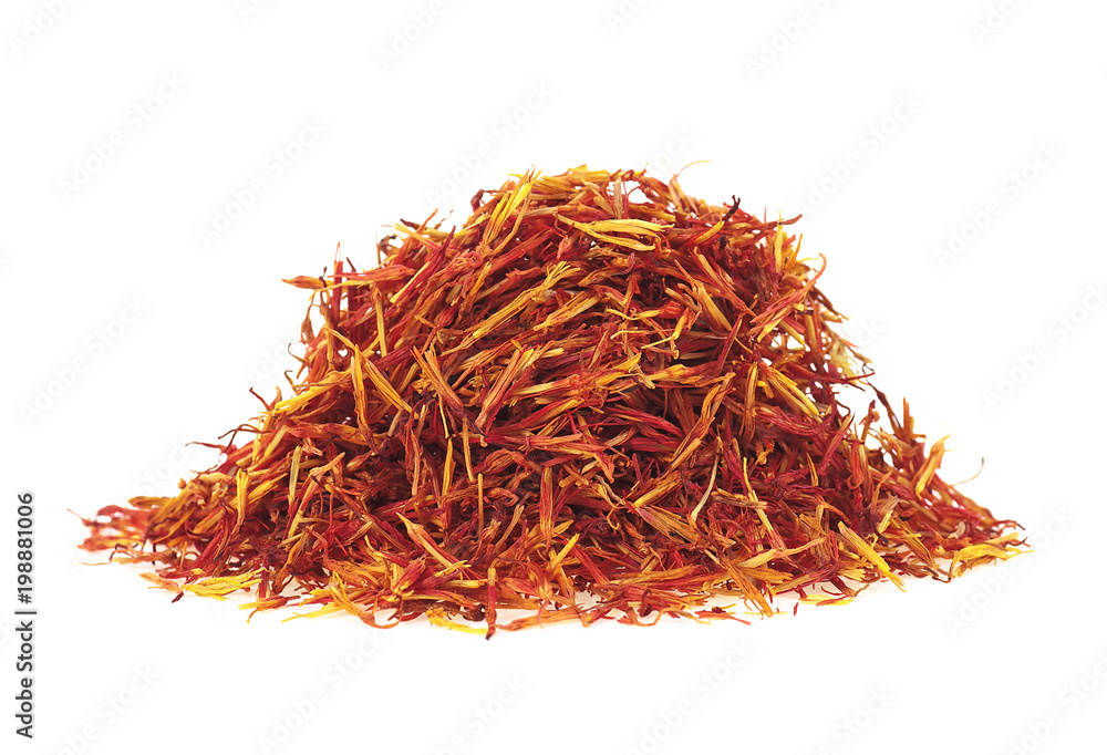 Naklejka premium Spanish saffron isolated on white background. Exotic red hot spice.