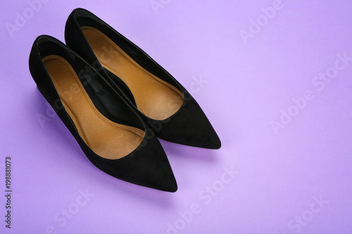 Stylish female shoes on color background