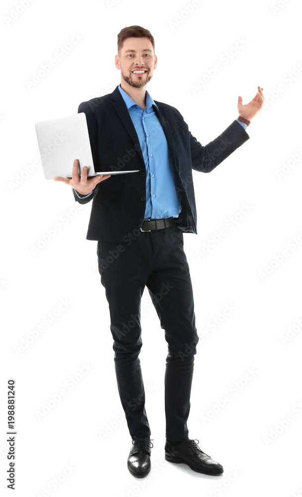 Male teacher with laptop on white background Male teacher with laptop on white background