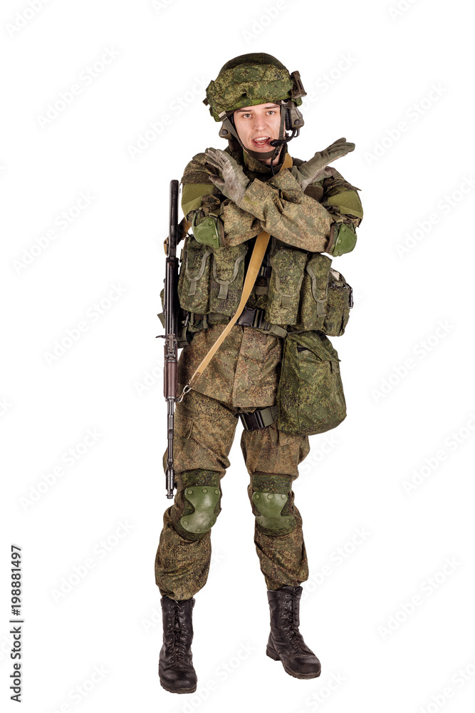 russian special forces soldier with rifle on dark background. army, military and people concept russian special forces soldier with rifle on dark background. army, military and people concept