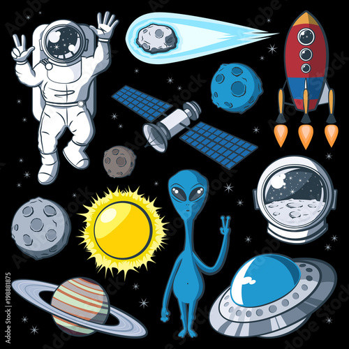 Set of vector space elements. Astronaut, Earth, saturn, moon, UFO, rocket, comet, constellation, sputnik and stars. Space exploration, flights, fantasy, sky.