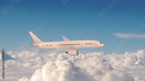 Commercial airplane in flight, plane flying above clouds..