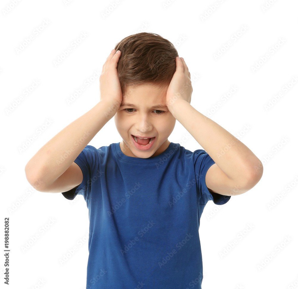 Little boy suffering from headache on white background Little boy suffering from headache on white background