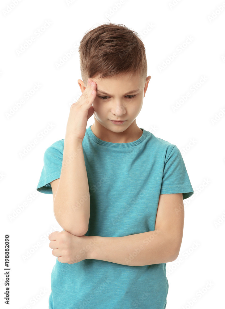 Little boy suffering from headache on white background Little boy suffering from headache on white background