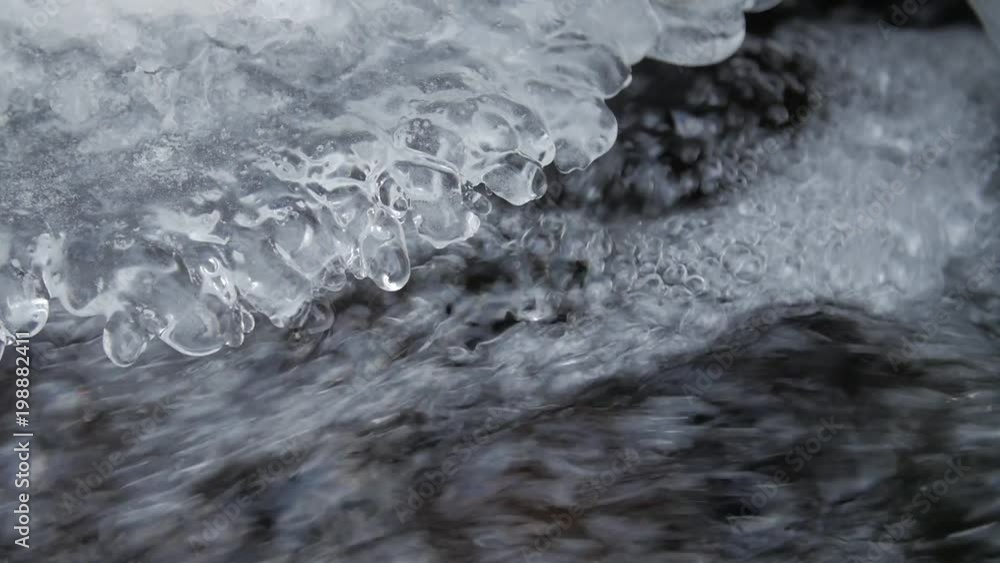 Frozen Mountain Stream. Under the ice build up running fresh water mountain stream close-up. Frozen Mountain Stream. Under the ice build up running fresh water mountain stream close-up.