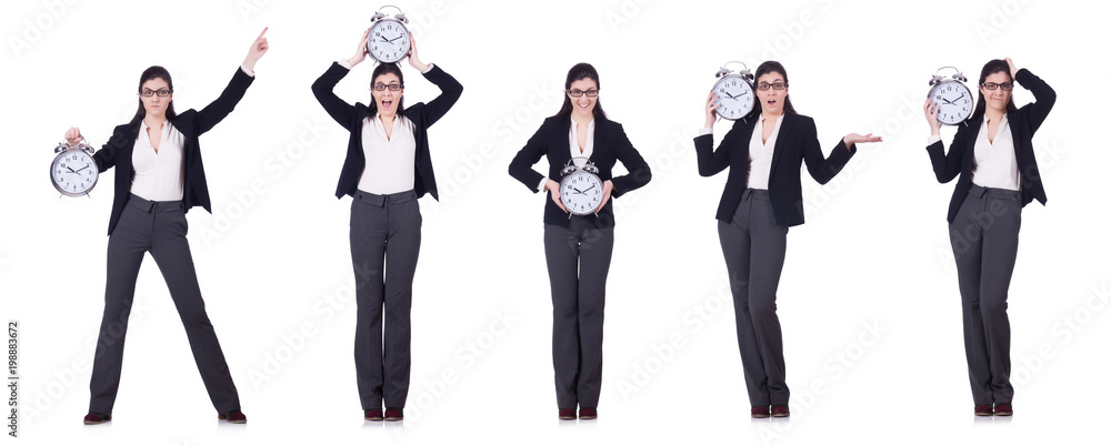 Obraz premium Businesswoman with clock in time management concept