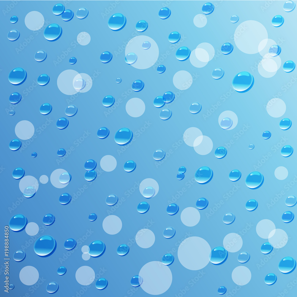 Water Drops On Blue Background.Rain. Raindrops on glass. Vector illustration.
