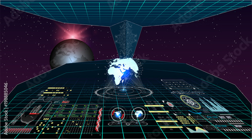 View from the cockpit spaceship. Head-up display elements for the Spaceship interface. Template UI for app and virtual reality.