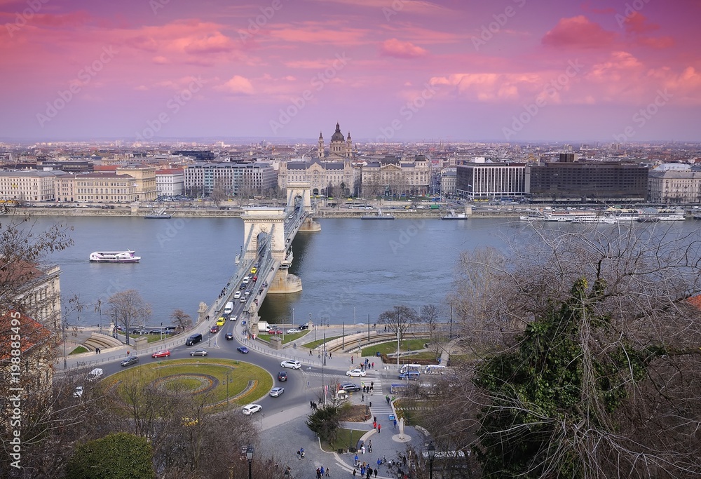 Chain bridge on Danube river in Budapest city in Hungary.