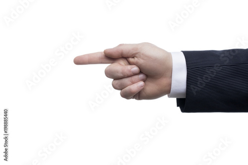 Dressed in a business suit caucasian male hand pointing gesture, high-key light composition isolated over the white background