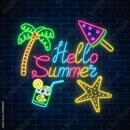 Neon summer poster with lettering and summer things in rectangle frame on dark brick wall background.