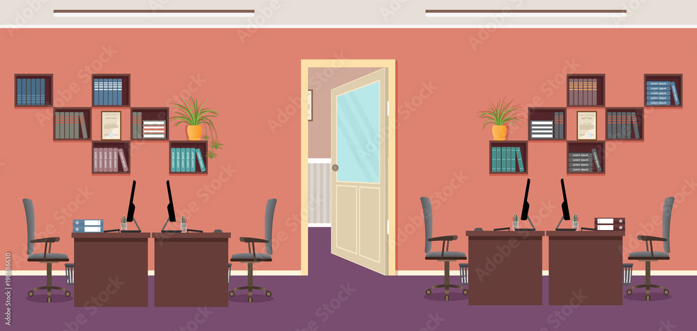 Openspace office design with four workplaces and office furniture. Office interior concept. Working indoor room Openspace office design with four workplaces and office furniture. Office interior concept. Working indoor room